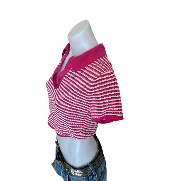 Derek Lam White Pink Polo Crop Top SMALL Baby Tee Striped Designer Preppy $220 - Picture 8 of 10
